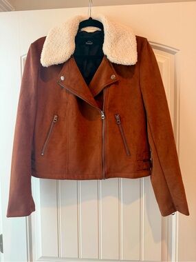 French Connection Rust faux Suede Moto Jacket with Shearling Collar size 8 M